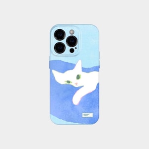 May include: A light blue phone case featuring a white cat illustration with green eyes. The cat is lying on a blue surface. The case has a light blue background and a small rectangular logo at the bottom.