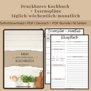 Könnte beinhalten: Digitales, druckbares Kochbuch und Essensplan-Bundle. Das Cover des Kochbuchs trägt den deutschen Titel "Mein persönliches Kochbuch". Der Essensplan enthält einen monatlichen Essensplan und eine Rezeptkarte.