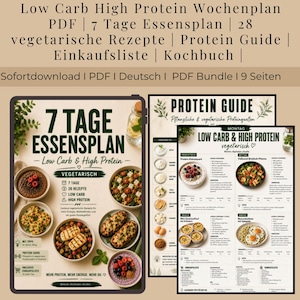 Puede incluir: Un paquete de plan de comidas digital que incluye una guía vegetariana baja en carbohidratos y alta en proteínas para 7 días. Contiene 28 recetas, una guía de proteínas y una lista de compras. El texto incluye Low Carb High Protein Wochenplan.