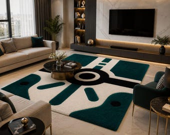 Tappeto in lana trapuntato a mano con motivo geometrico color verde acqua, tappeto moderno astratto, tappeto di lusso per soggiorno, tappeto decorativo per cameretta, fatto a mano