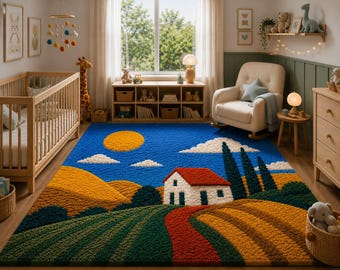 Tappeto paesaggistico in lana trapuntato a mano, tappeto in stile rustico pop art, decorazione colorata per il soggiorno.