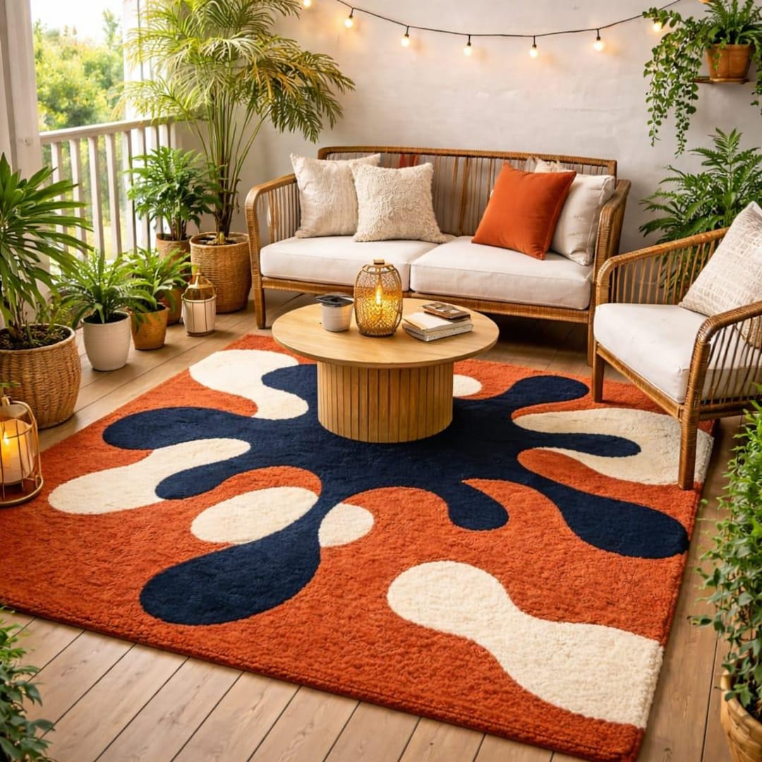 Hand Tufted Wool Rug, Terracotta Navy Abstract Blob Pattern