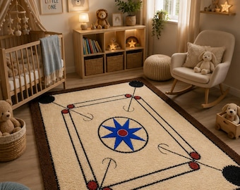 Tappeto da carrom in lana trapuntato a mano, tappeto per sala giochi con stelle blu