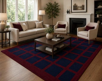 Tappeto a griglia in lana trapuntato a mano, tappeto blu bordeaux, tappeto geometrico moderno, tappeto su misura, decorazione per soggiorno e camera da letto.