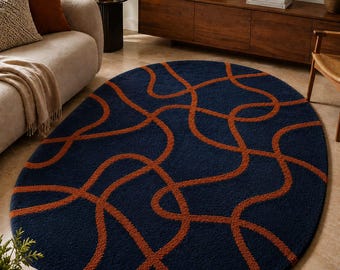 Tappeto in lana trapuntato a mano, blu intenso con linee arancio ruggine, tappeto moderno astratto.
