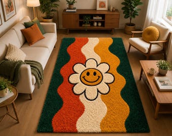 Tappeto retrò con fiori sorridenti, tappeto in lana trapuntato a mano, tappeto con margherite alla moda, tappeto a righe ondulate colorate, arredamento boho per soggiorno, tappeto personalizzato