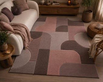 Tappeto geometrico in lana trapuntato a mano, colore tortora, malva e rosa, tappeto moderno per ambienti