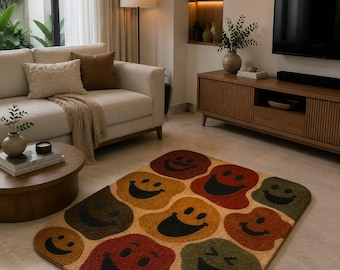 Funky Smiley Face Wool Rug, Handcrafted Tufted Area Rug, Playful Modern Home Decor Carpet