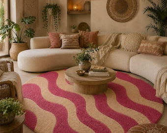 Tappeto rotondo rosa beige, tappeto in lana trapuntato a mano, tappeto biomorfo ondulato, tappeto moderno boho, tappeto circolare per soggiorno, tappeto personalizzato
