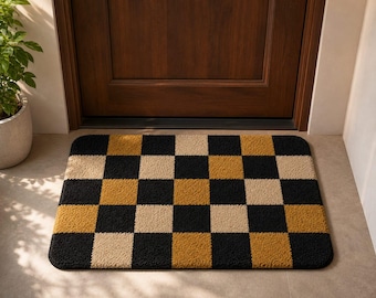 Tappeto a scacchiera in lana trapuntato a mano, tappeto geometrico nero beige senape