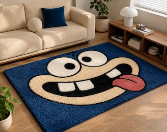 Tappeto con faccia da troll, realizzato a mano con tecnica tufting, tappeto in lana blu con meme, decorazione per stanza da gioco, cameretta per bambini