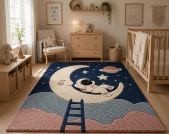 Tappeto in lana trapuntato fatto a mano – Tappeto per cameretta con astronauta e luna, arredamento scandinavo per la stanza dei giochi.