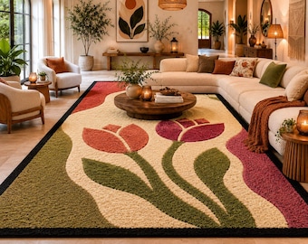 Tappeto in lana trapuntato a mano con tulipani / Runner botanico astratto / Decorazione moderna in stile boho per l'ingresso