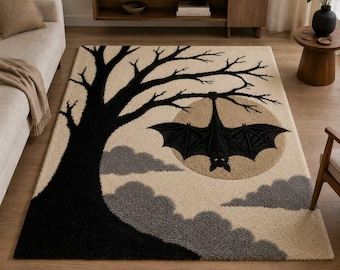Tappeto in lana trapuntato a mano con pipistrello e luna, decorazione gotica per la cameretta a tema Halloween.