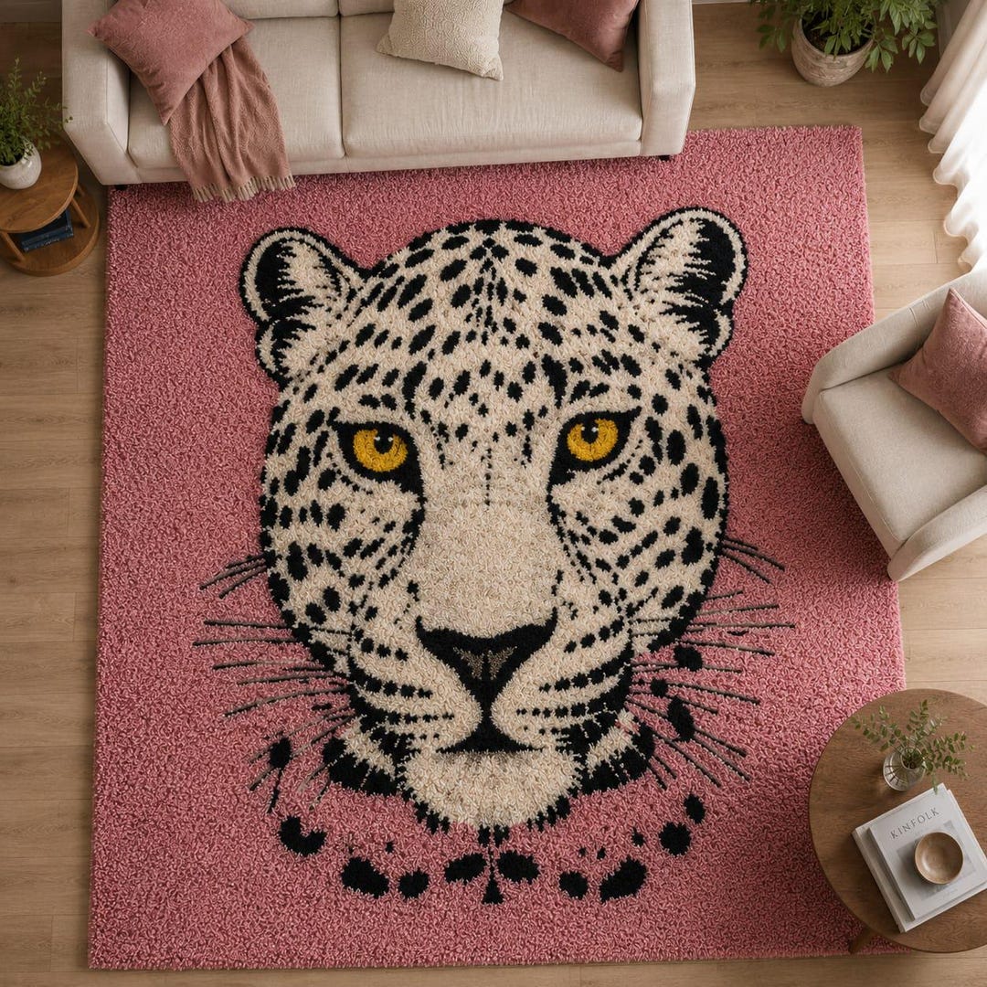 Hand Tufted Wool Leopard Face Rug, Pink Animal Print Area Rug, Kids ...