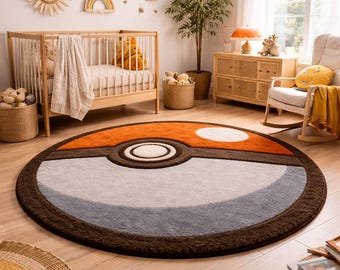 Tappeto in lana trapuntato a mano, motivo Pokéball grigio-arancio bruciato, tappeto rotondo per giocatori.