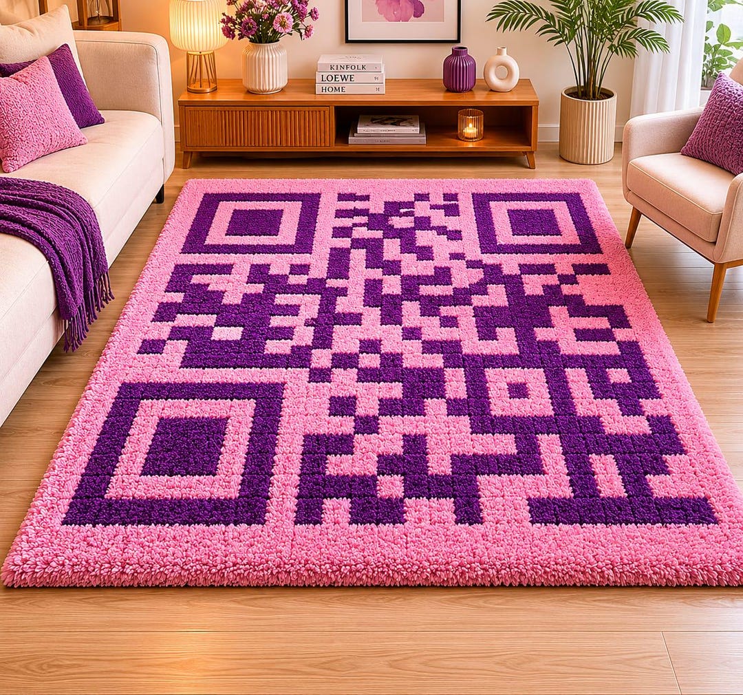 Qr Code Rug Hand Tufted QR Code Rug, Pink Purple Wool Area Rug, Modern Geometric ...