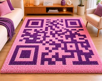 Tappeto in lana trapuntato a mano con codice QR, tappeto geometrico rosa e viola, decorazione moderna per la cameretta dei bambini.