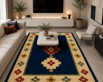 Tappeto in lana trapuntato a mano, con motivo floreale botanico, stile boho scandinavo.