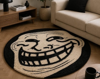 Tappeto divertente con la faccia da troll, in lana trapuntata a mano, decorazione per la stanza a tema meme, tappeto rotondo, tappeto decorativo per la sala giochi, regalo unico per i giocatori, tappeto personalizzato