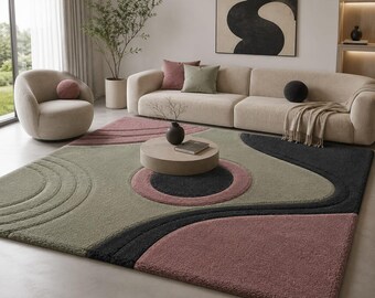 Tappeto in lana trapuntato a mano, verde salvia, malva polveroso, rosa, tappeto moderno astratto, tappeto in lana neozelandese a pelo lungo, tappeto di lusso per l'arredamento.