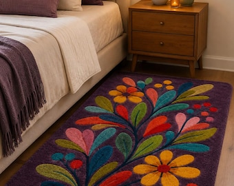 Hand Tufted Wool Floral Rug, Purple Botanical Area Rug, Scandinavian Folk Art Rug, Colorful Nursery & Living Room Decor