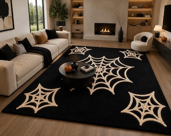 Tappeto in lana trapuntato a mano con ragnatela, tappeto gotico per Halloween, decorazione per la casa in nero e beige.
