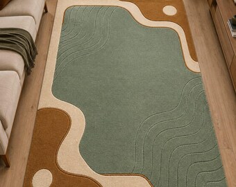 Sage Green Wool Rug, Hand Tufted Abstract Area Rug, Modern Organic Carpet, Boho Home Decor