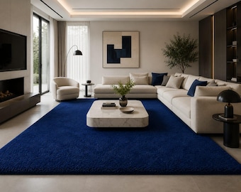 Tappeto in lana blu scuro trapuntato a mano, tappeto blu navy tinta unita, tappeto a pelo alto e soffice, tappeto moderno per soggiorno, tappeto di lusso in lana