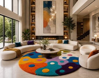Tappeto rotondo astratto in lana trapuntato a mano, decorazione colorata in stile scandinavo per la cameretta dei bambini.