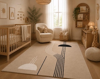 Tappeto astratto in lana trapuntato a mano per cameretta, arredamento scandinavo per bambini, tappeto minimalista beige
