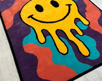 Melting Smiley Face Tufted Rug, Psychedelic Y2K Carpet, Funky Colorful Area Rug