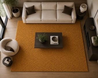 Tappeto in lana color senape dorata, trapuntato a mano, moderno e minimalista, di lusso.