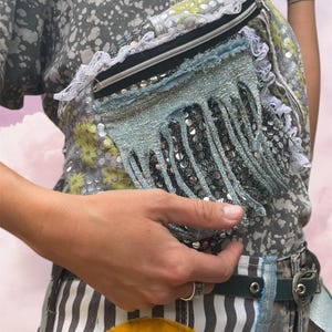 Handgjord lapptäcksväska, unik bohemisk älvmidjeväska, festivalväska, återvunnet unikt accessoar