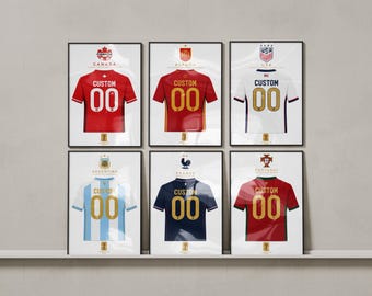 Póster de fútbol personalizado, lámina decorativa con nombre y número, regalo ideal para aficionados al fútbol de cualquier selección nacional.