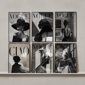 Puede incluir: Seis portadas enmarcadas en blanco y negro de las revistas Vogue y Ciao. Las im&aacute;genes presentan a mujeres elegantes en varias poses, incluida una con un sombrero grande y otra leyendo un libro. La est&eacute;tica general es elegante y art&iacute;stica.