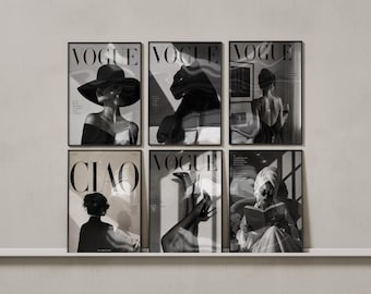 Conjunto de láminas decorativas de lujo de Vogue, pósteres de moda en blanco y negro, decoración minimalista imprimible, conjunto de 6 láminas modernas para pared tipo galería.