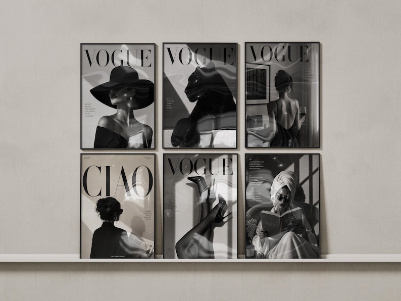 Puede incluir: Seis portadas enmarcadas en blanco y negro de las revistas Vogue y Ciao. Las im&aacute;genes presentan a mujeres elegantes en varias poses, incluida una con un sombrero grande y otra leyendo un libro. La est&eacute;tica general es elegante y art&iacute;stica.
