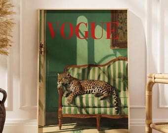 Póster de leopardo de Vogue estilo vintage, arte de pared de revista de moda, decoración con estampado animal, obra de arte estética chic para la habitación, regalo de lujo para el hogar