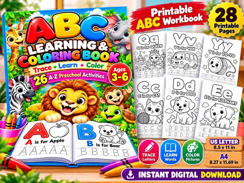 ABC Learning & Coloring Book, Preschool Tracing Worksheets (digital ...