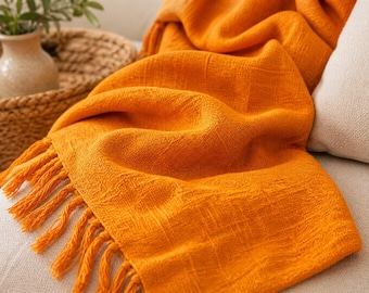 100% Cotton Orange Throw Blanket with Fringe Tassels, Cozy Breathable Home Decor