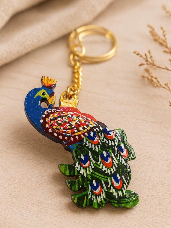 Hand-Painted Wooden Peacock Keychain, Indian Folk Art Boho Charm, Ethnic Keyring Accessory