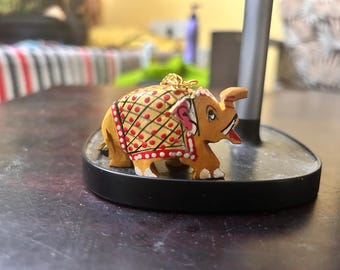 Hand-Painted Wooden Elephant Keychain: Indian Folk Art Boho Animal Charm