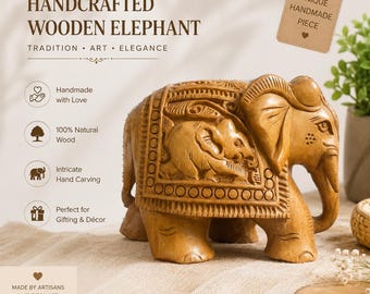 Hand Carved Wooden Elephant Statue, Trunk Up Lucky Figurine, Polished Brown Home Decor