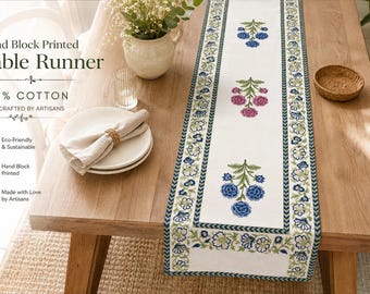 Hand Block Print Cotton Table Runner 72x14, Blue Pink Floral Farmhouse Decor, Boho Dining Table Linen, Made in India
