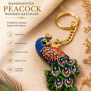 May include: Hand-painted wooden peacock keychain with a gold-colored ring and chain. The peacock is painted in blue, green, red, and yellow. The text on the image says "Handpainted Peacock Wooden Keychain".