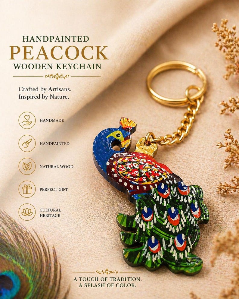 May include: Hand-painted wooden peacock keychain with a gold-colored ring and chain. The peacock is painted in blue, green, red, and yellow. The text on the image says "Handpainted Peacock Wooden Keychain".