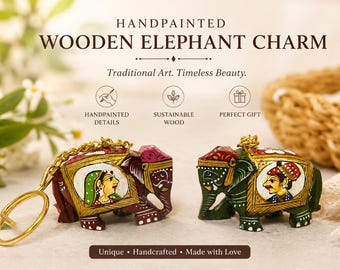 Hand Painted Wooden Elephant Keychain, Multicolor Indian Folk Art Bag Charm