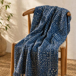 May include: A navy blue throw blanket with a white dotted pattern and fringe detail draped over a wooden chair. The blanket has a textured appearance and adds a touch of warmth and style to the setting. The chair has a light-colored seat.