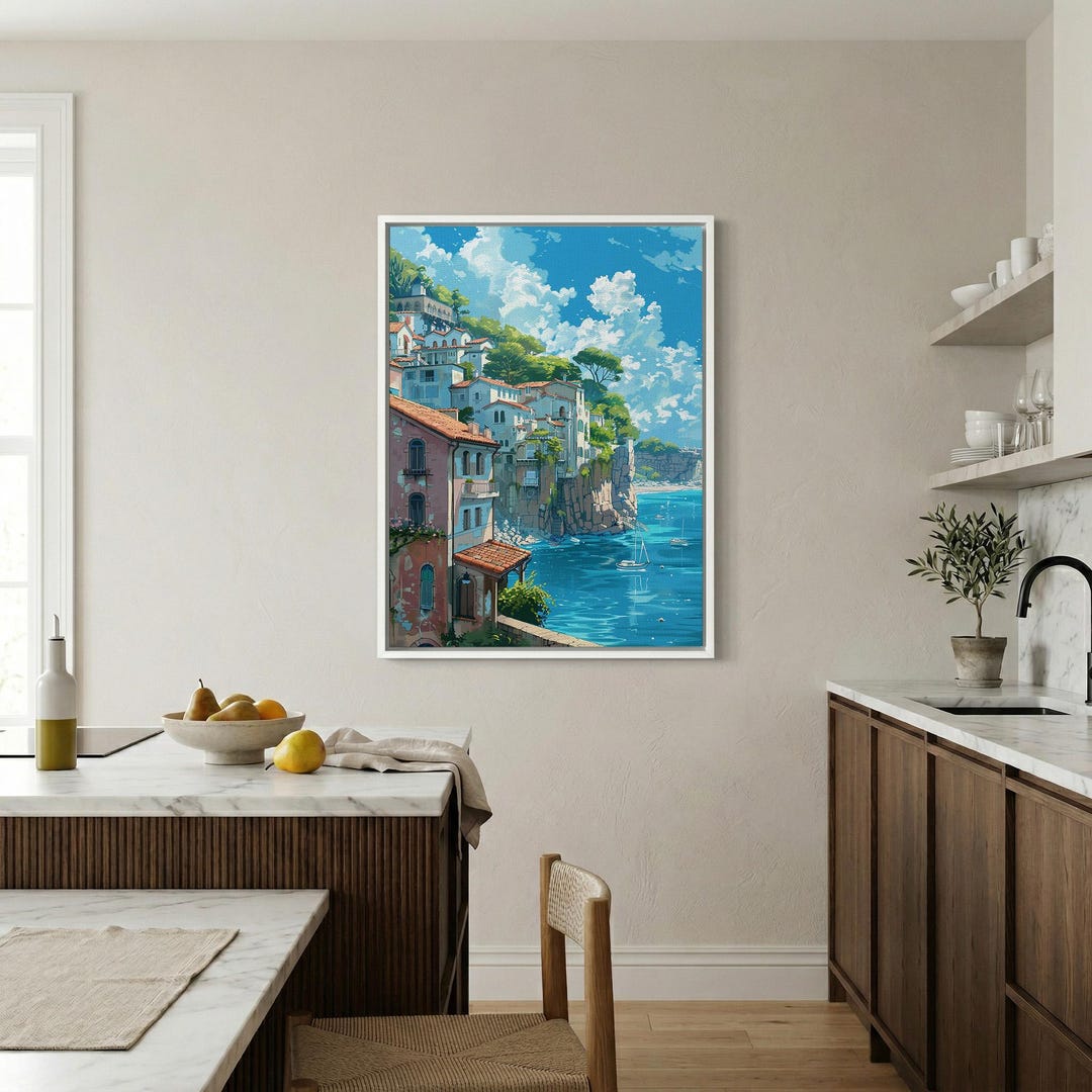 Coastal Village Canvas Art, Mediterranean Seaside Town Wall Decor ...